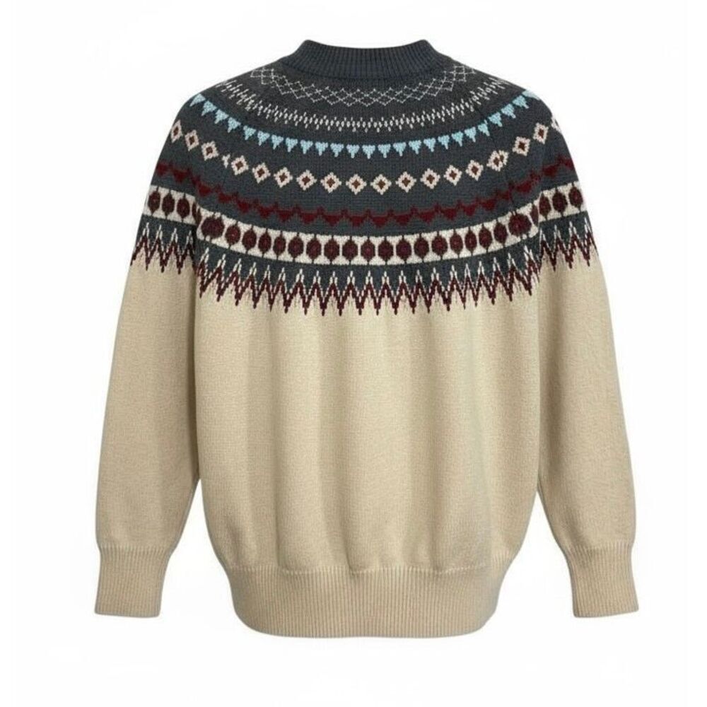 Fair Isle Nordic Knit Crew Neck Fisherman Pullover Sweater Cream Gray Size Small